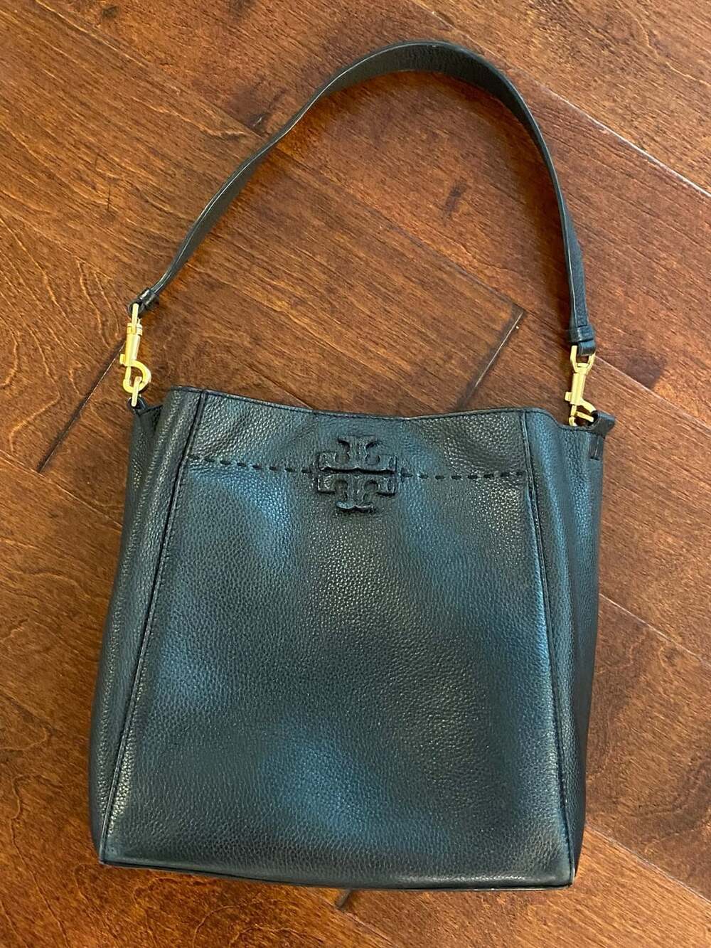 Tory Burch McGraw Black Pebbled Leather Bucket Bag Handbag